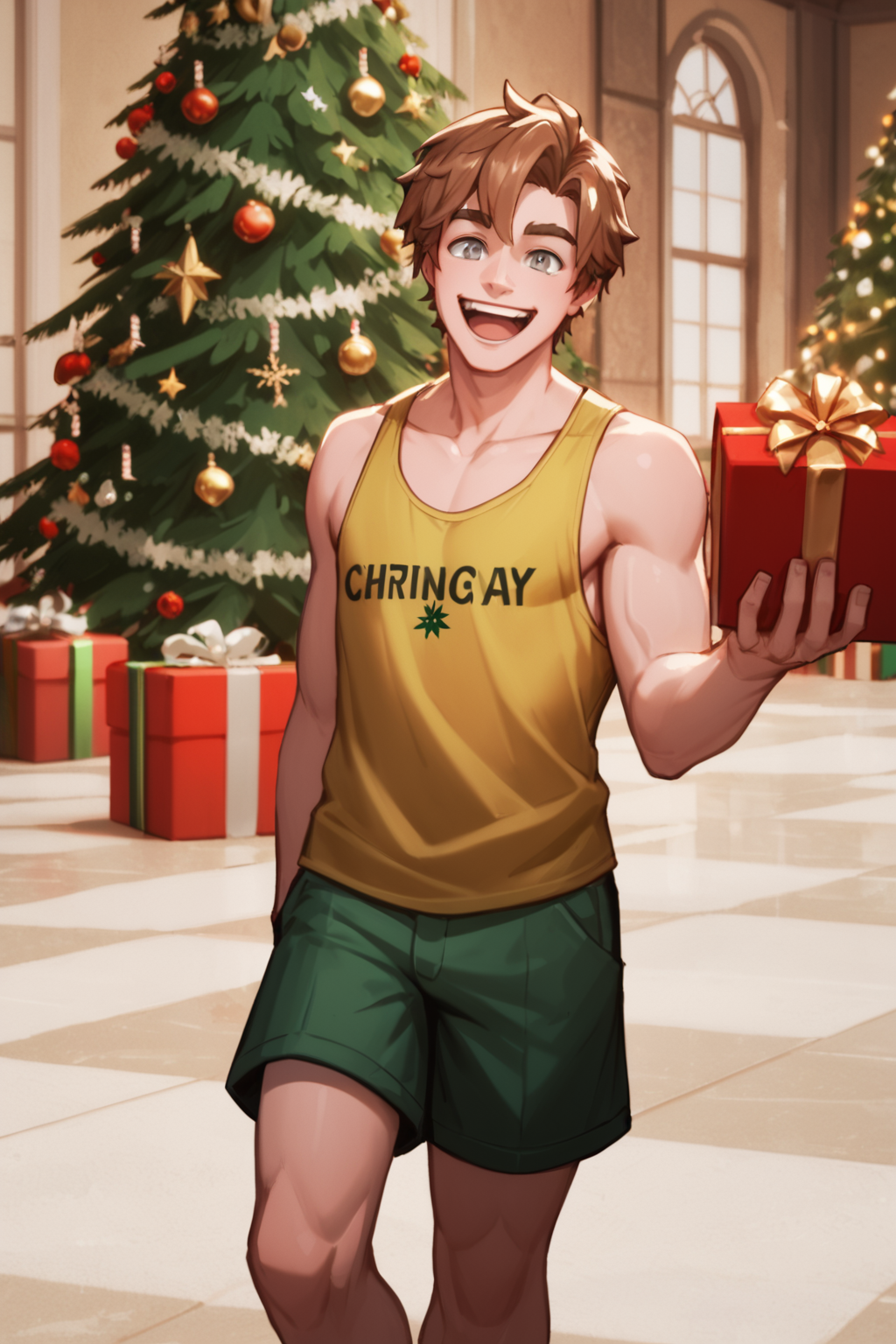 01644-3780806991-solo male focus, cedricdiggory, brown hair, grey eyes, wearing gold tank top, shorts, laugh, slender, magical, holding a gift, c.png